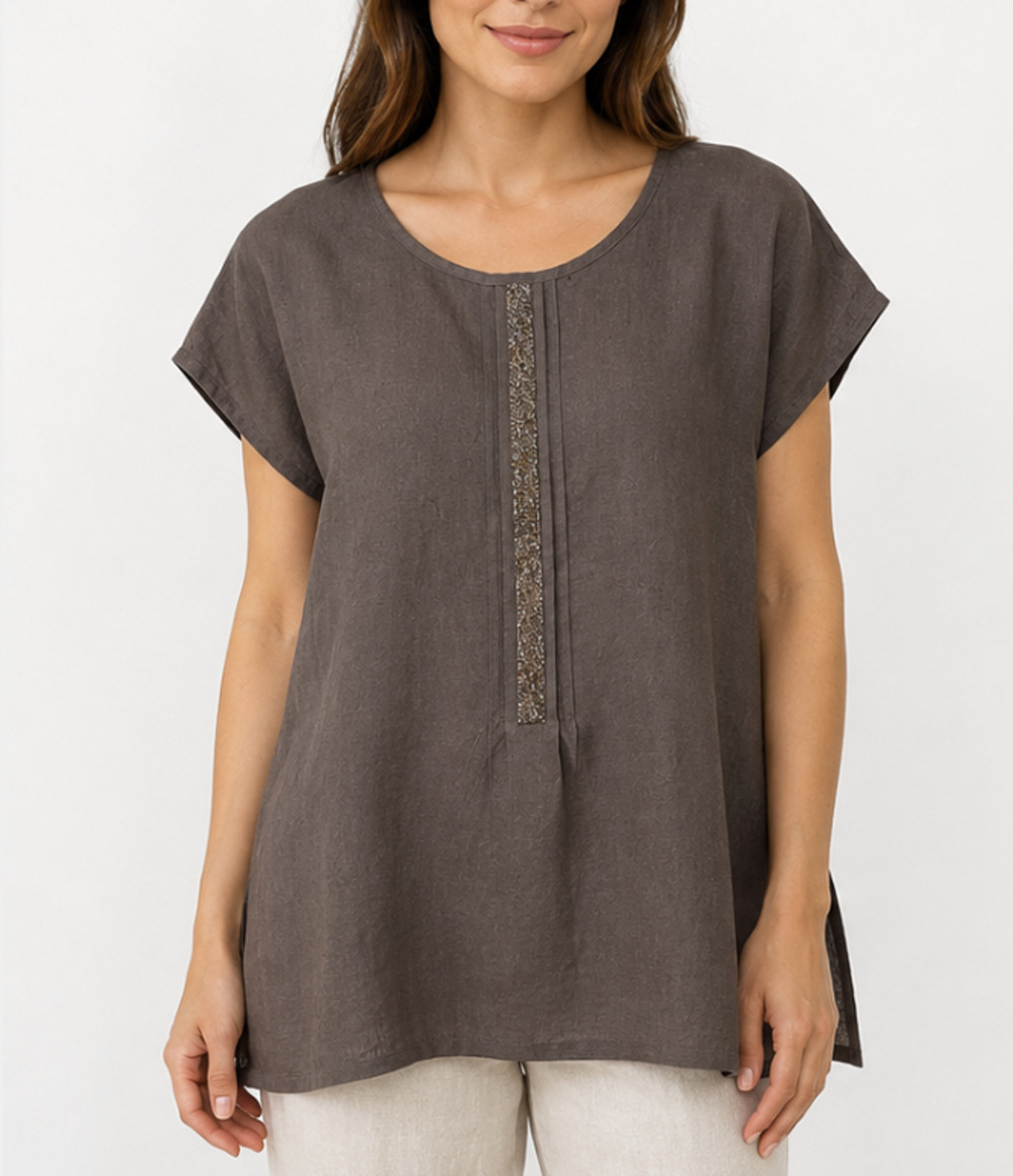 Womens L Brown Linen Tunic Beaded Front Short Sleeve Made In Italy Blouse